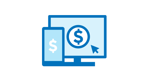 Simple blue icon of a mobile phone and a computer screen both showing a dollar sign. In the computer screen, the $ is in a circle next to a mouse cursor.