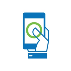 Graphic of a hand holding a mobile/cell phone with a green Servus Circle on the screen