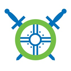 Graphic of a shield with a green Servus Circle as its border. Behind the shield are two blue swords placed like a cross with their handles pointing upwards.