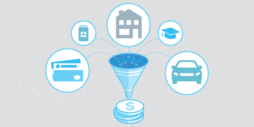 From left to right: credit cards, a prescription medicine bottle implying medical bills, a house implying mortgage, a graduation cap implying student loan, a car implying auto loan. They all go in a funnel. Below the funnel is a stack of 3 coins implying money saved by debt consolidation.