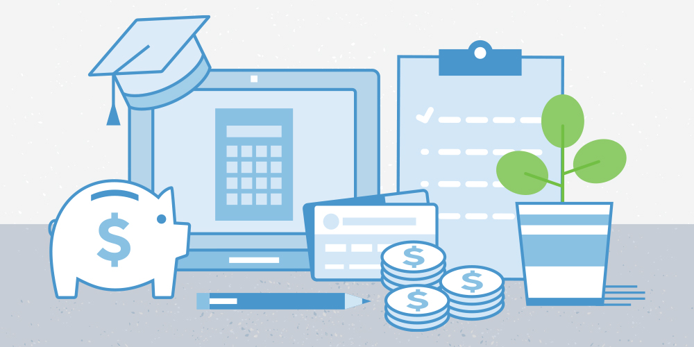 Illustration of various school expenses. From left to right: a piggy bank, a desktop monitor or a tablet with a graduation cap on top of it and a pencil below it, 2 cards, 3 stacks of coins, a clipboard with a checklist, and an indoor plant in its pot.