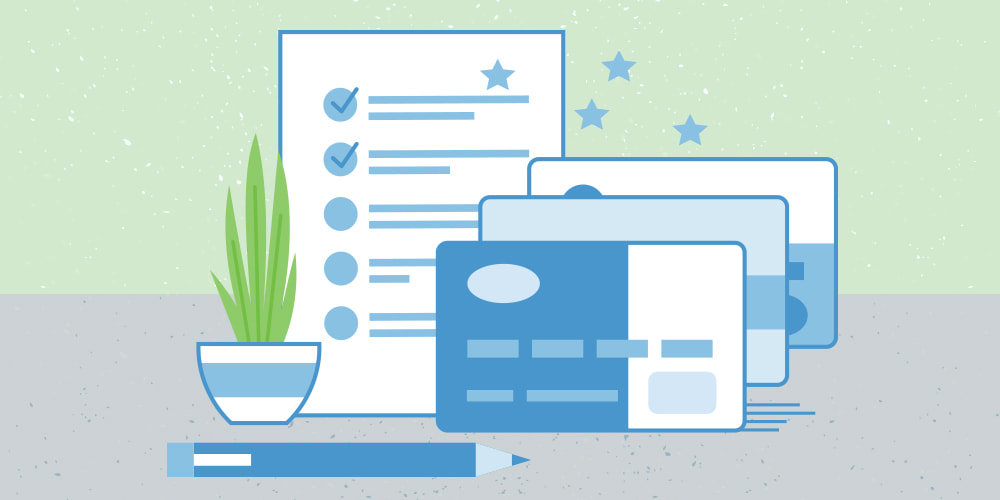 Illustration of an indoor plant, a checklist with 2 out of 5 items checked, 3 credit cards, and a pencil.