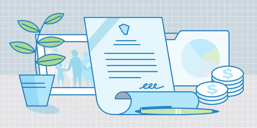 Illustration of (from left to right) an indoor plant, a photo of a family with a child, a baby, and their parents, a document that looks like a will, a pen, a folder with a pie chart, 2 stacks of coins. The graphic depicts estate planning tips and myths.