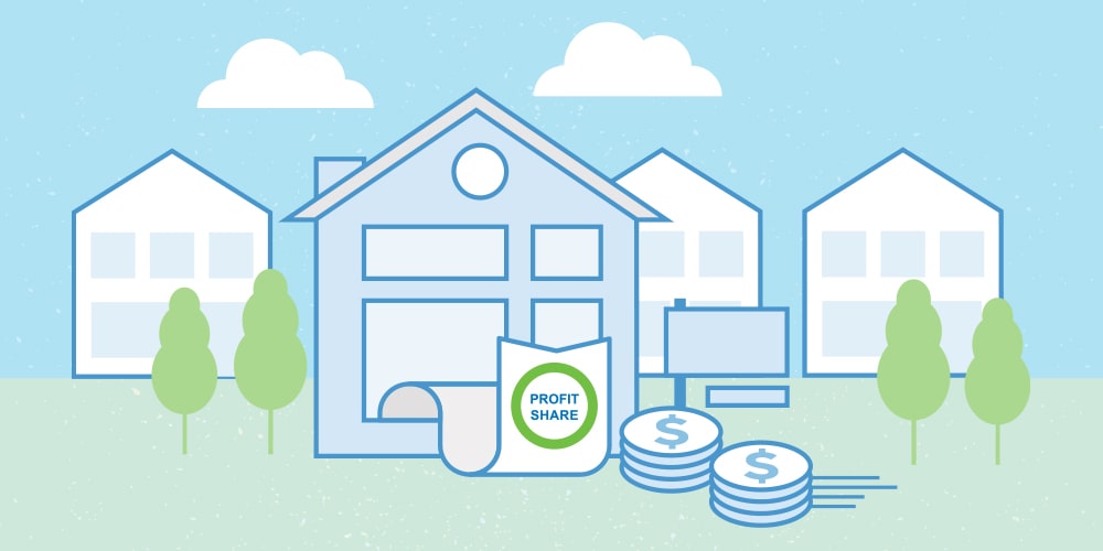 Illustration of a house in the front with 2 stacks of coins. The house has a ribbin going out from a window, saying Profit Share in a green Servus circle. There are 3 houses, 2 clouds, and 4 trees around the house and in the background. The graphic depicts how a Servus mortgage can help you be mortgage-free faster.