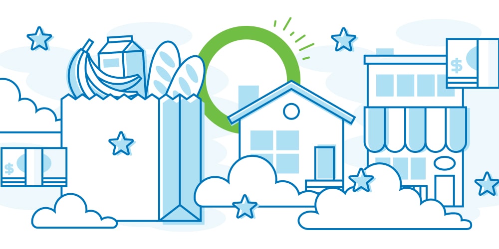 Servus Feel Good Movement graphic: from left to right, a grocery bag, a green Servus circle, a house, a storefront. Clouds and stars flow between them.