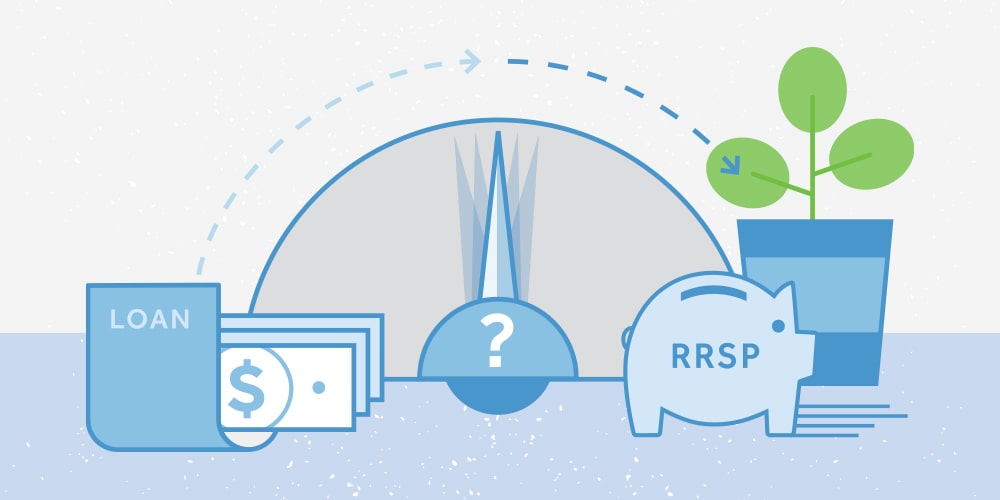 An illustration of (from left to right): 3 banknotes wrapped in a ribbon that says "LOAN", an speedometer with a question mark, a piggy bank with the word "RRSP" in the middle, an indoor plant. Above the speedometer, an arrow points from left (LOAN) to right (RRSP piggy bank and plant)