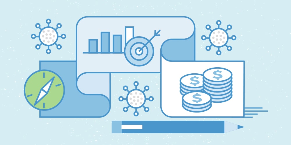 An illustration with a bigger ribbon connecting (from left to right) a compass, a bar chart, a target with an arrow, 3 stacks of coins. There is a pencil in the front and some virus graphic flowing around the ribbon.