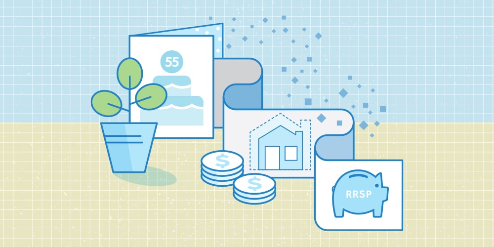 An illustration depicting early retirement. From left to right: an indoor plant, a birthday card's front cover is a number 55 on top of a birthday cake, coming from the birthday card is a ribbon with a house's graphic and an RRSP piggy bank. Next to the house in the middle are 2 stacks of coins.