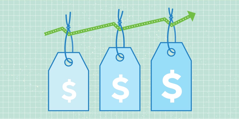 An illustration of an green arrow going up and down representing the economy and inflation. 3 blue tags with a white dollar sign ($) hanging from the arrow.