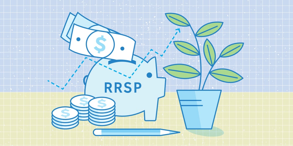 An illustration of some money flying into an RRSP piggy bank. Surrounding the piggy bank are 3 stacks of coins, a pencil, and an indoor plant.