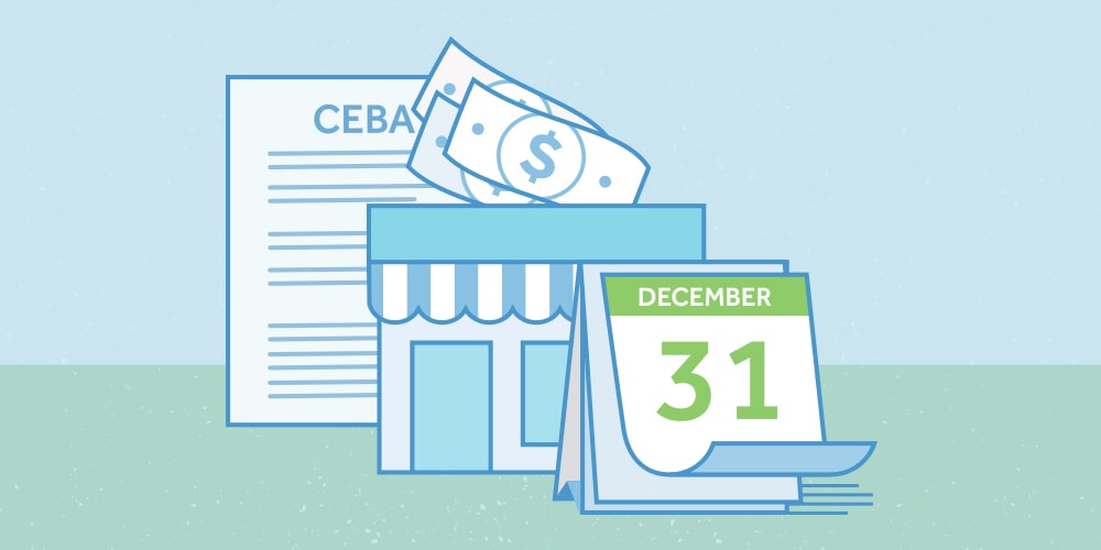 An illustration for CEBA loan forgiveness. From left to right: a CEBA document, money flying in a storefront, a calendar with a front page of December 31.