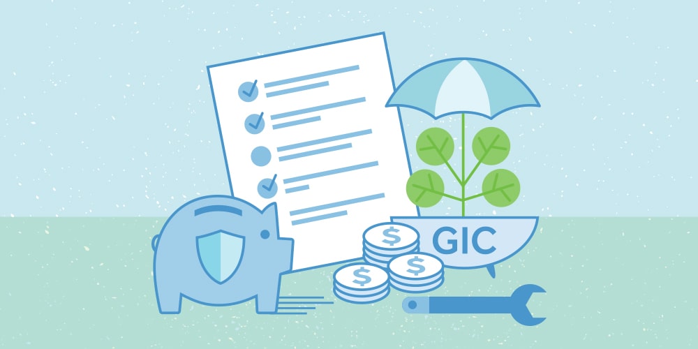 An illustration about benefits of saving with a GIC. From left to right: a piggy bank with a shield, a checklist, 3 stacks of coins, a wrench or spanner, an indoor plant with the word "GIC" on the pot and an umbrella on the top.