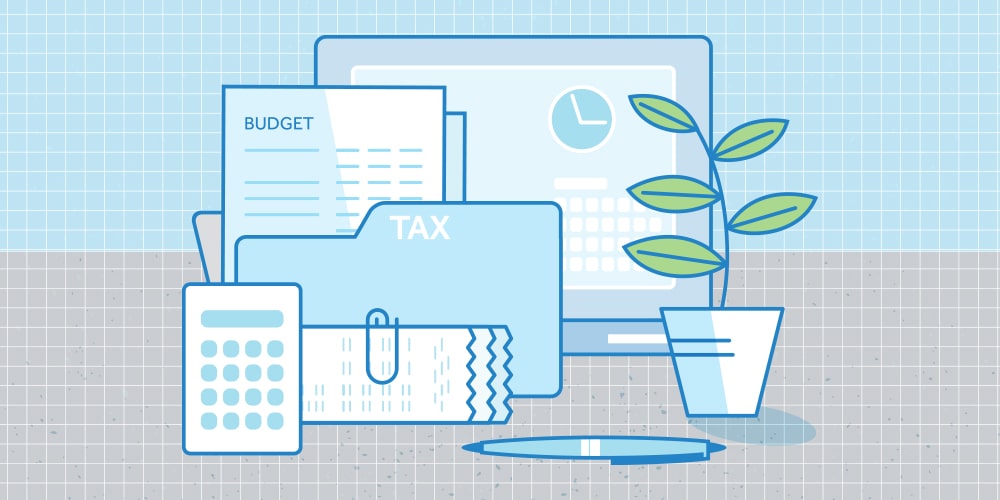 An illustration of things related to the tax season. From left to right, a calculator, a paper clip holding some receipts, a tax folder with budget, a tablet computer with a clock showing on the screen, a pen, an indoor plant.