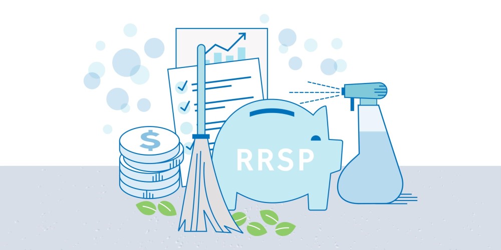 An illustration of financial spring cleaning. From left to right: a stack of coins, some leaves around a broom, behind the broom are a checklist and a document with a chart, next to the broom is an RRSP piggy bank, and a spray bottle spraying cleaning liquid to the left and bubbles around the checklist and document.
