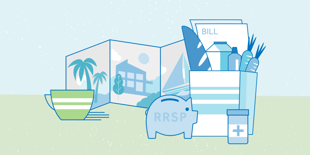 An illustration of needs vs wants. From left to right: a cup, a travel or real estate brochure with palm trees and a yacht, an RRSP piggy bank, a grocery bag with groceries and bills inside, and in front of the grocery bag is a medicine bottle.