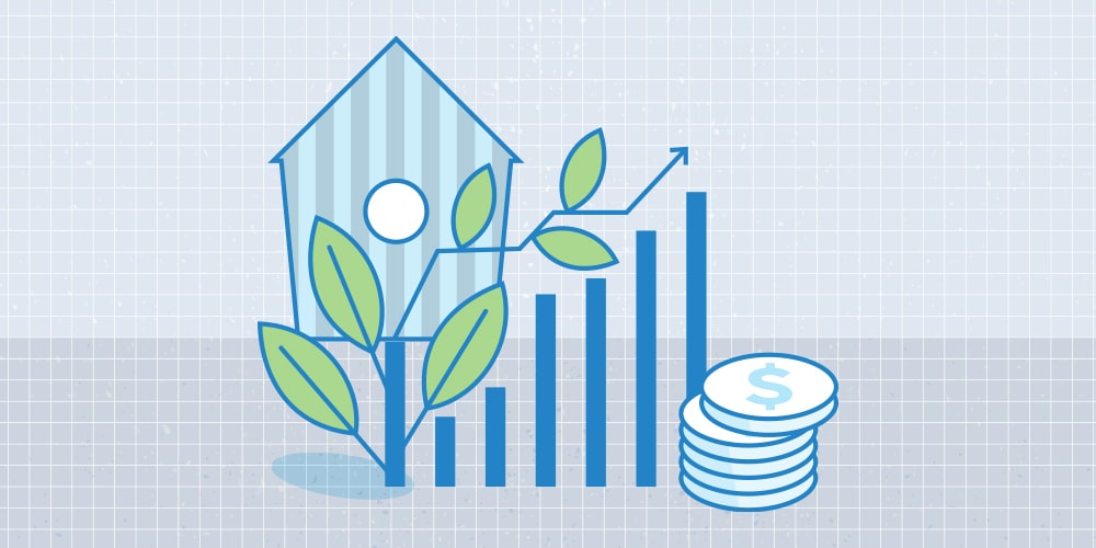 An illustration of a birdhouse on top of a blue vertical bar with branches and leaves. The vertical bar is part of a bar chart that symbolizes increasing wealth. On the right is a stack of coins. 