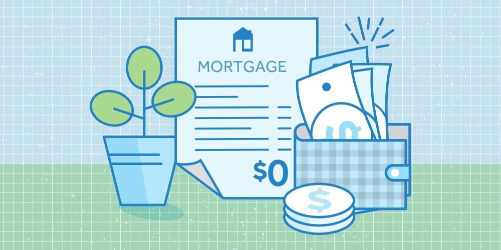 An illustration of a paid off mortgage. From left to right, an indoor plant, a mortgage document with a balance of $0, a wallet with extra money and some coins. 
