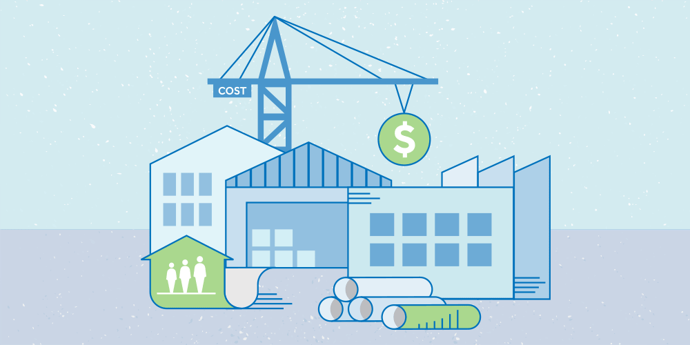 An illustration of a construction site with a tower crane balancing cost and money. A green ribbon shaped like an upward arrow comes out from a warehouse, symbolizing increased labour costs.