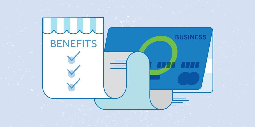 Illustration of the benefits of business credit cards. A checklist of benefits on a ribbon is coming from a Servus business Mastercard credit card.