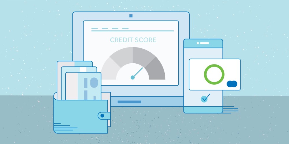 An illustration of balance transfer. From left to right: a wallet with 3 credit cards, a tablet computer showing an evaluation of credit score to be quite good (about 75% of the highest score), a Servus Mastercard placed in front of a mobile phone showing a checkmark.