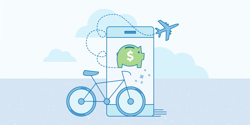An illustration of a brand new bicycle in front of a smart phone with the screen showing a green piggy bank. An airplane flies to the top right of the phone with a dotted line connecting to the piggy bank.