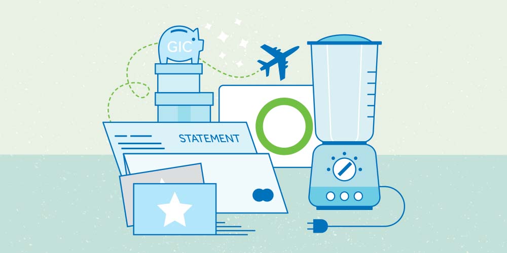 An illustration of Servus Circle Rewards redemption options. From left to right, two gift cards, an envelope, a credit card statement, a GIC piggy bank sitting on top of two boxes, an airplane flying from the statement through the piggy bank to the right, a green Servus circle on a card in the background, and a blender.