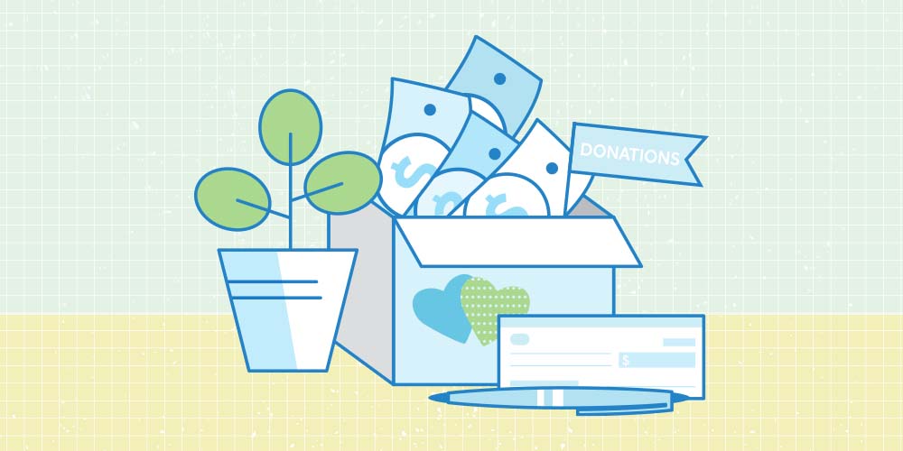 An illustration about charitable donations. From left to right, an indoor plant, money and a flag saying "Donations" in a box, a blank cheque and a pen.