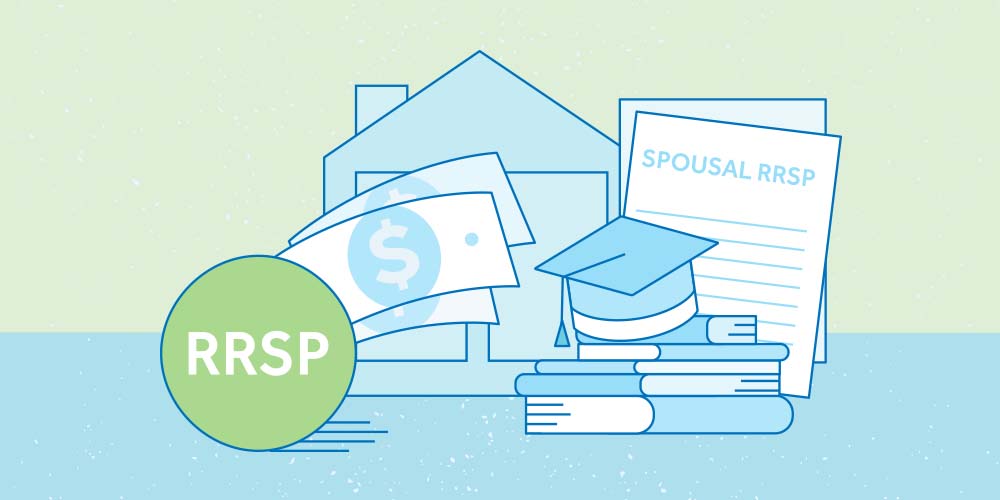 An illustration of RRSP. A house with spousal RRSP documents at the back. In the front, from left to right, a circle filled with the colour green and the word RRSP in white, money from RRSP going toward a graduation cap on top of 5 books.