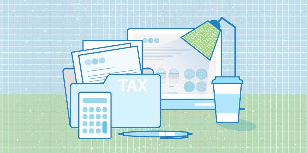 An illustration about tax. A table lamp is shining light on a tax folder with documents. A calculator, a pen, a cup, and a tablet are surrounding the tax folder.