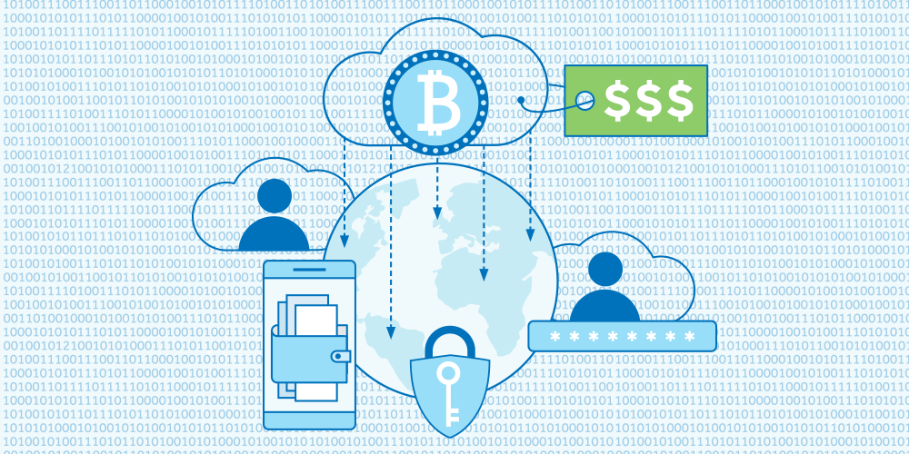 Illustration of a coin with the Bitcoin logo in a cloud with a price tag pointing arrows down the globe. Around the globe (clockwise) are the Bitcoin cloud at the top, a generic person shape inside a cloud, a password field with 8 asterisks, a white key shape inside a blue shield that looks like a lock, a mobile phone showing 3 vertical rectangles in a wallet, another generic person shape inside a cloud. Background is a binary matrix with 1s and 0s.