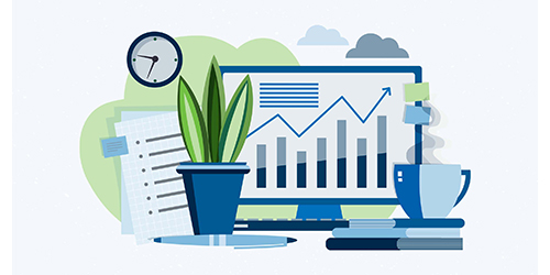An illustration of items related to investing, including a computer with stock market charts on the screen, a mug of coffee on top of some books, a pen, a plant representing growth and some papers. A clock hangs above these items signifying the importance of time.