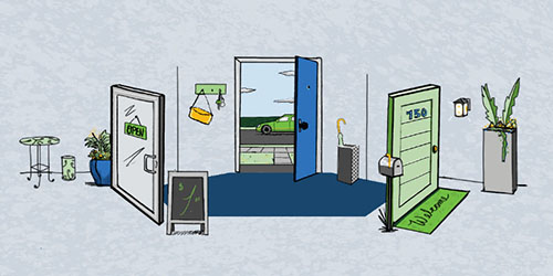 an open blue door showing the inside of an office and a home, with a green car parked outside. all to depict some tips of the start of a newcomer's journey to building credit