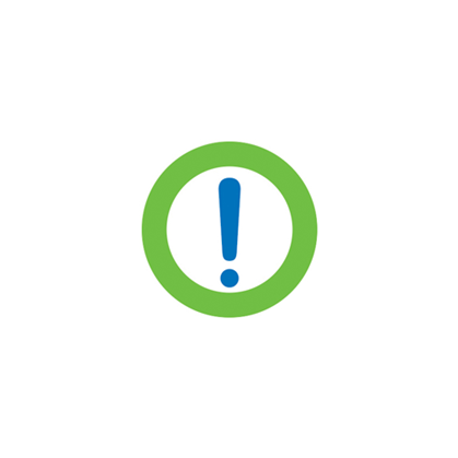 Green Servus circle with a blue exclamation point inside it. Used for member notices and alerts.