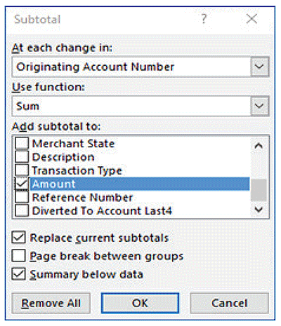 Image showing a step within excel to understand spend summary for centrally billed business accounts