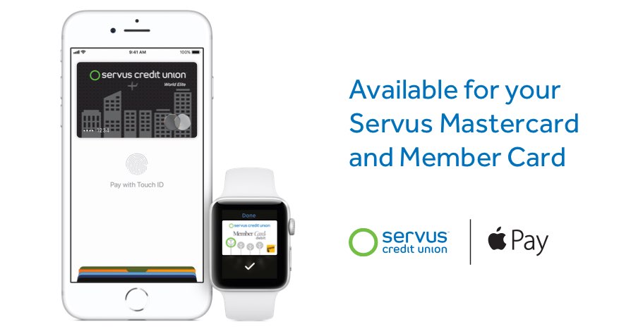 Apple Pay for your Servus Member Card and Mastercard is available for mobile phone devices and the Apple watch. 