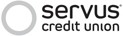 Graphic of Servus's logo in greyscale: the Servus Circle in grey on the left and the Servus Credit Union wordmark in black on the right