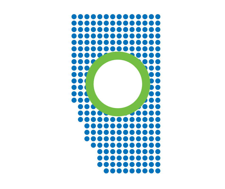 Illustration of the province of Alberta composed of blue dots, with a green Servus circle in the middle of the province. The center of the circle is white and not filled with blue dots.