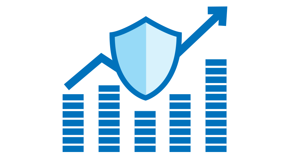 A blue illustration of a bar chart with an arrow on top of the bars and going through a shield.