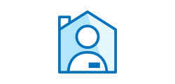 Simple blue line icon of a house with the chimney on the left side of the roof. Inside the house is a generic person shape with a filled in rectangle like a name tag on its chest.