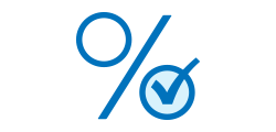 Simple blue line icon of a percent sign. A checkmark is in the right circle of the sign.