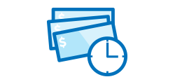 Simple blue line icon of a timer or clock next to 3 cheques.